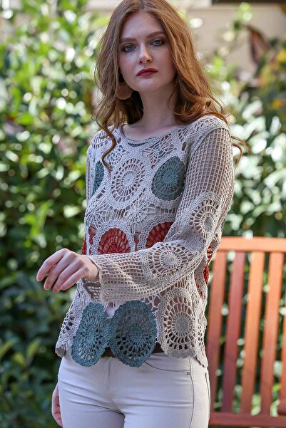 Chiccy Women's Gray Retro Circle Patterned Crochet Knitted Blouse M10010200BL95928