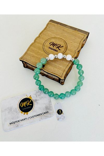 MK tasarım Real Aventurine Real Pearl Bracelet| Mktasarim in Special Box| Mktasarım Custom Customer Card