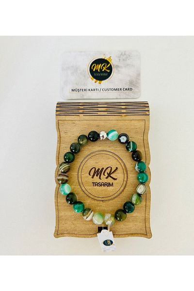 MK tasarım Real Green Banded Agate Bracelet||mktasarim in Special Box|custom with Customer Card