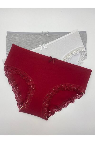 MİSS ELİZZA 2400 Model Lace Bato - Roșu Claret, Gri și Alb Set de 3