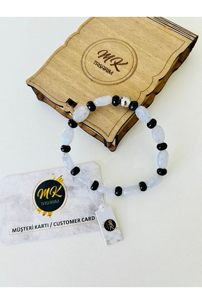 MK tasarım Real Blue Agate - Black Agate Bracelet| Mktasarim in Special Box| Mktasarım Custom Customer Card