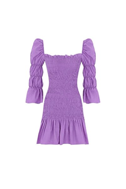 Whenever Company Lila Uzun Balon Kollu Büzgülü Mini Elbise