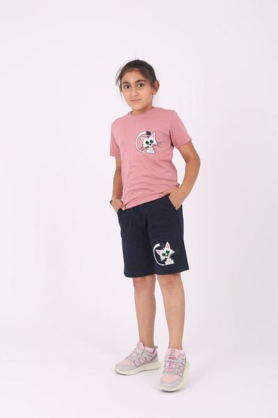 Çiggo Kids Set de top și fund din bumbac pentru fete - imprimeu pisică, gât crew