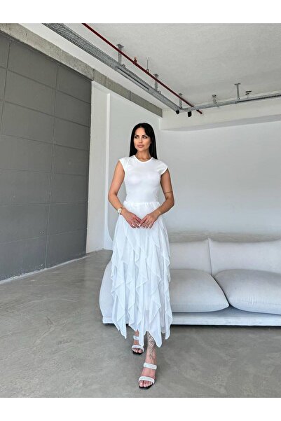 MDZ COLLECTION Püsküllü Etek Detaylı Beyaz Elbise