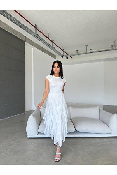 MDZ COLLECTION Püsküllü Etek Detaylı Beyaz Elbise