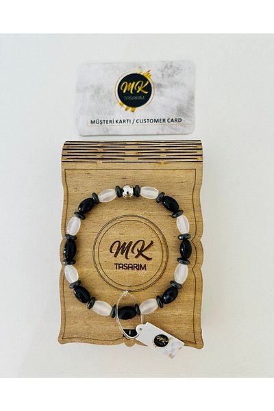 MK tasarım Real Black-white Agate Bracelet| Mktasarim in Special Box| Mktasarım Customer Card