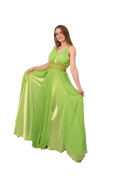 Bluence Rochie de seara din sifon verde cu centura in talie