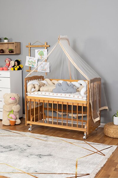 Bamgidoo Ahşap Beşik Anne Yanı Beşik Vernikli 60x120 - Krem Beyaz Örgü Uyku Seti Seti + Yatak + Tekerlekli
