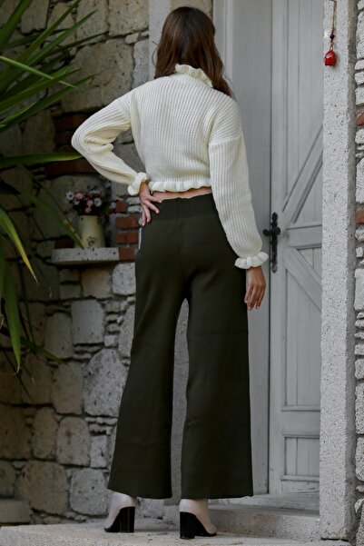 Chiccy Koyu Yeşil Triko Geniş Paça Yün Pantolon