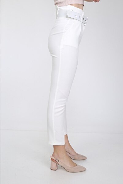 Bluence White Belted Skinny Leg Fabric Trousers