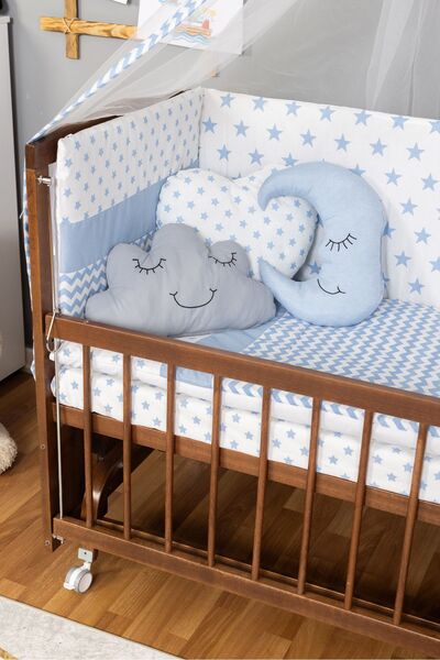 Bamgidoo Ahşap Beşik Anne Yanı Beşik Ceviz 60x120 Mavi Yıldız Uyku Seti Yatak Tekerlekli