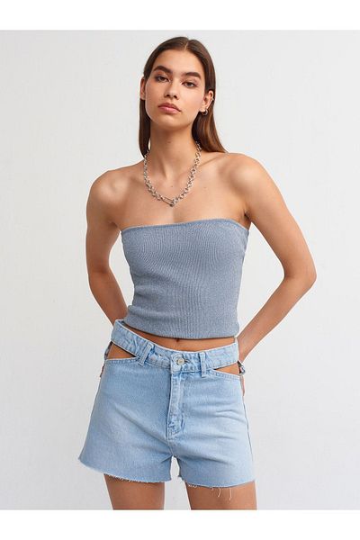 Dilvin 70875 Pantaloni scurți Mom cu buzunare deschise-albastru