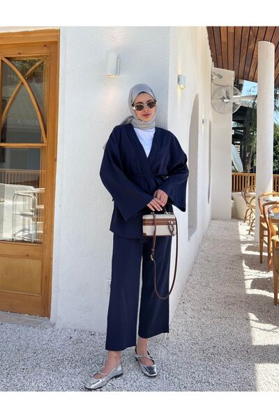 My Blog Sötétkék részletes 100% vászon kimonó készlet - oldalkötő