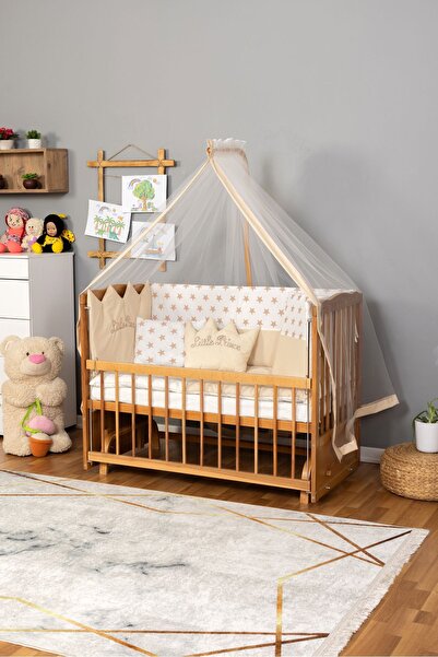 Bamgidoo Ahşap Beşik Anne Yanı Beşik (Vernikli) 60x120 - Krem Nakış(Erkek) Uyku Seti + Yatak