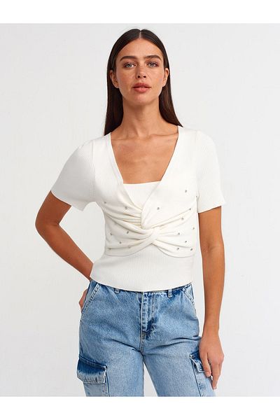 Dilvin 10389 Stone Front Short Sleeve Sweater-ecru