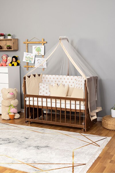 Bamgidoo Ahşap Beşik Anne Yanı Beşik Ceviz 60x120 - Krem Nakış(Yazısız) Uyku ...