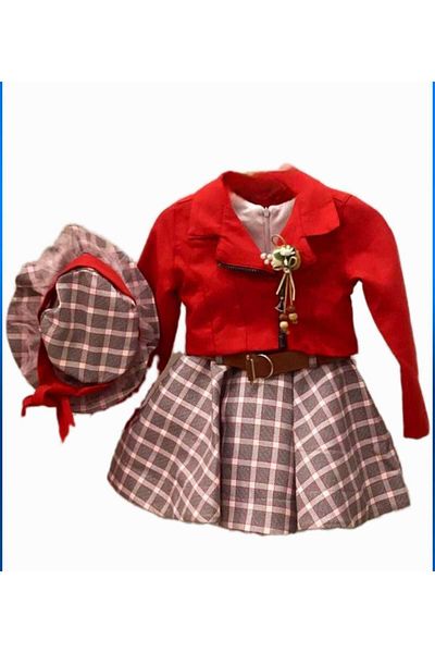 elfanto kıds Girl's Set 5 Pieces - Woven Lined Dress, Jacket, Belt and Brooch Hat