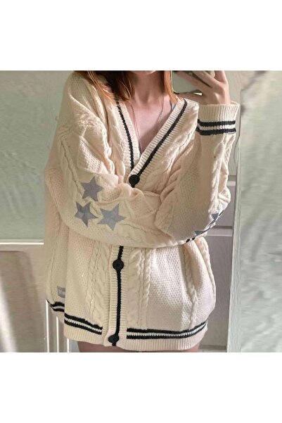 Köstebek Taylor Swift Cardigan Oversize Logo Beige Cardigan