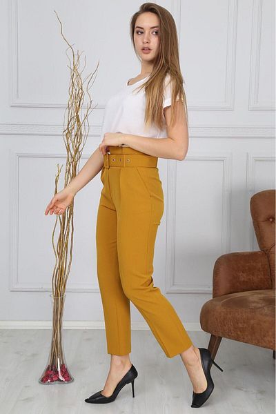 Bluence Women's Yellow Belted Mustard Fabric Trousers