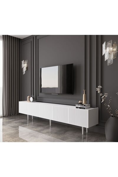 enwood Capella Country Mdf Beyaz 5 Kapaklı Ahşap Ayaklı 200 Cm Tv Ünitesi