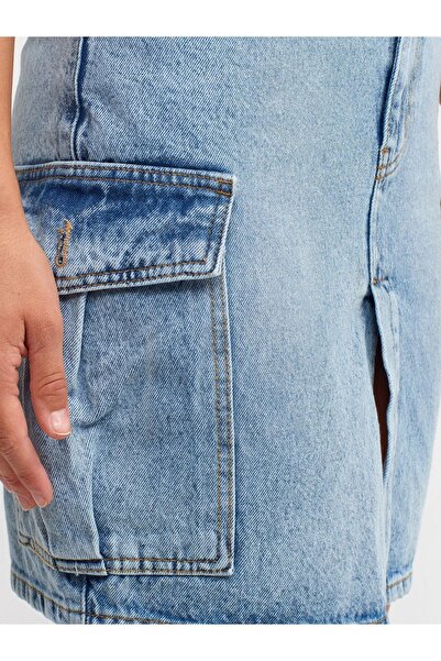 Dilvin 80548 Yanları Cepli Midi Denim Etek-Mavi