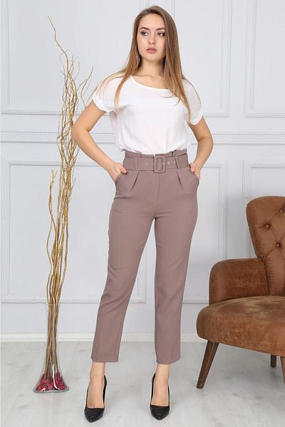 Bluence Belted Waist Mink Fabric Trousers