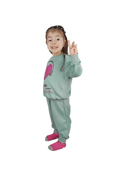 Bluence Girl's Green Printed Cotton Tracksuit Set