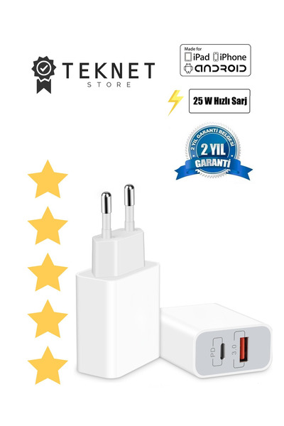 TEKNETSTORE Samsung Galaxy A54 Ve A34 Usb ve Typ-c Çift Girişli 25w Hızlı Şarj Adaptörü Turbo Sarj