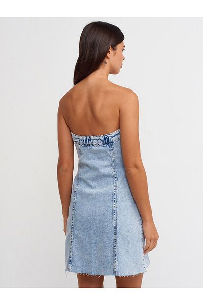 Dilvin 90524 Seamless Flared Denim Dress-Blue