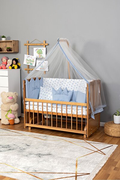 Bamgidoo Ahşap Beşik Anne Yanı Beşik (Vernikli) 60x120 - Mavi Nakış Uyku Seti...