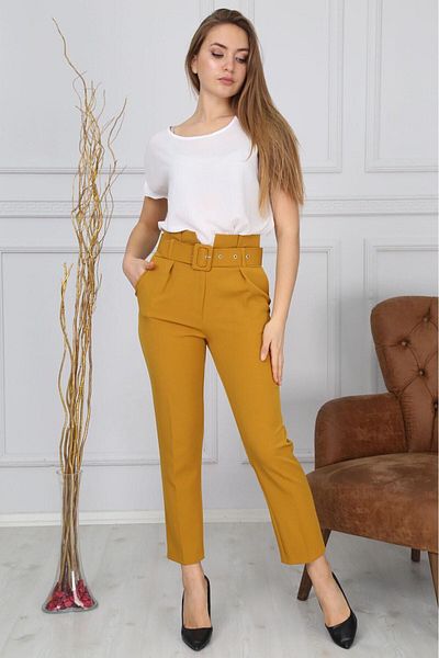 Bluence Women's Yellow Belted Mustard Fabric Trousers