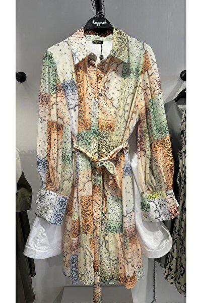 Çnru PATCHWORK DESENLİ, ÖNDEN DÜĞME KAPAMALI, BELDEN KUŞAKLI, ÜNLÜ MARKANIN MUADİLİ, MİNİ GÖMLEK ELBİSE