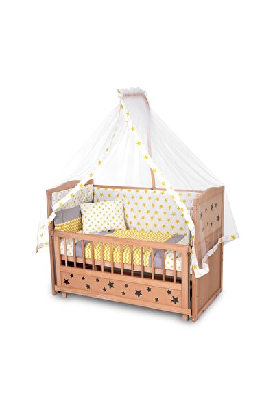 Bamgidoo Ahşap Beşik Anne Yanı Beşik Organik (BOYASIZ) 60x120 - Sarı Yıldız T...
