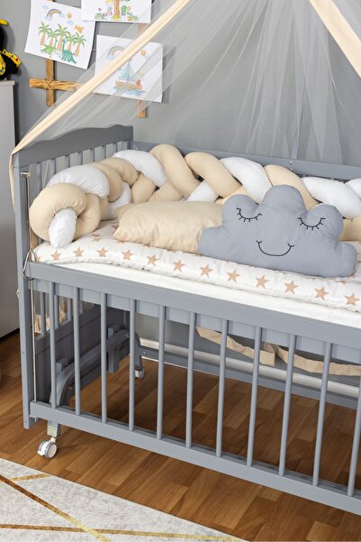 Bamgidoo Ahşap Beşik Anne Yanı Beşik Gri 60x120 - Krem Beyaz Örgü Uyku Seti Seti + Yatak + Tekerlekli