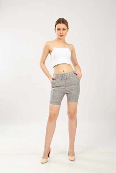 Bluence Pantaloni scurți din in, gri, cu nasturi, pentru femei