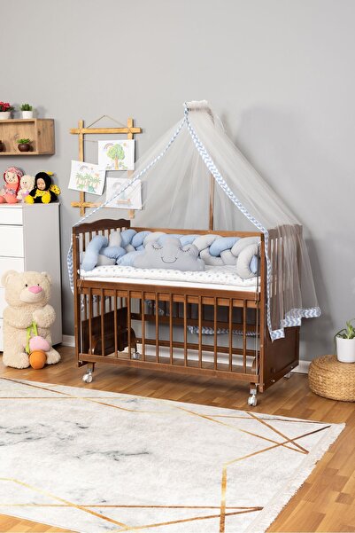 Bamgidoo Ahşap Beşik Anne Yanı Beşik Ceviz 60x120 - Mavi Gri Örgü Uyku Seti S...