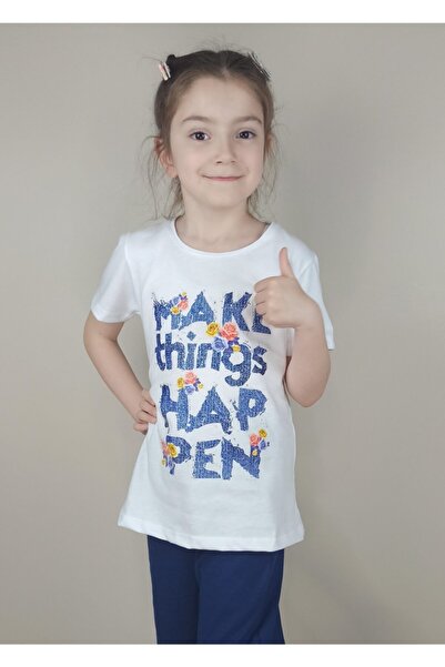 Bluence Tricou alb din bumbac pentru fete, model Garson