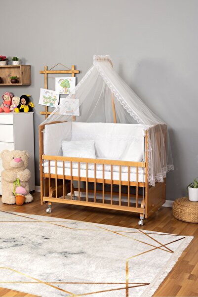 Bamgidoo Ahşap Beşik Anne Yanı Beşik (Vernikli) 60x120 - Beyaz Güpür Uyku Set...