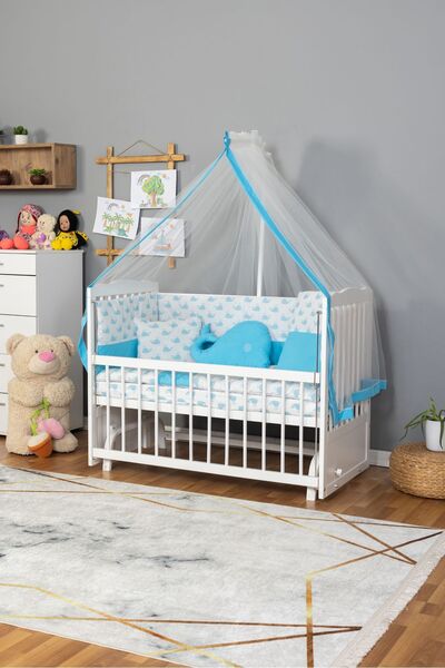 Bamgidoo Ahşap Beşik Anne Yanı Beşik Beyaz) 60x120 - Mavi Balina Uyku Seti Yatak