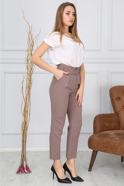 Bluence Belted Waist Mink Fabric Trousers