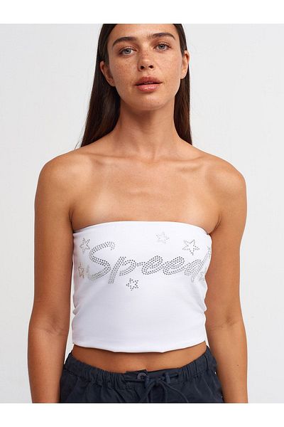 Dilvin 20668 Stone Printed Crop Top-White