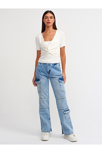 Dilvin 10389 Stone Front Short Sleeve Sweater-ecru