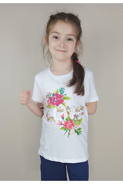 Bluence Tricou alb din bumbac pentru fete, model Garson