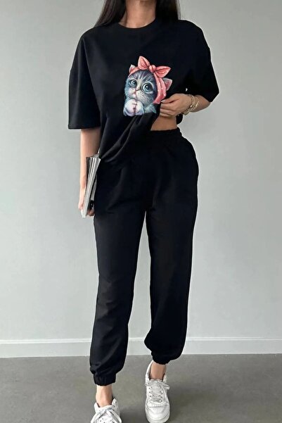 Trendglow Cat T-shirt Sweatpants Jogger - Σετ φόρμας με μαύρη στάμπα Oversize Crew Neck