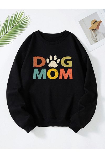 modaberry Hanorac de iarnă Dog Mom - Negru Imprimat Oversize Gros Crew Gate