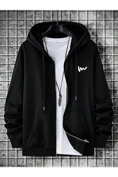 modaberry Symbol Sweatshirt Zippered Cardigan - Black Printed Oversize Pocket...