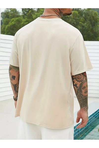 modaberry Καλοκαιρινό μπλουζάκι μπεζ Oversize - Διπλή ρίγα, κοντό μανίκι, λαιμόκοψη