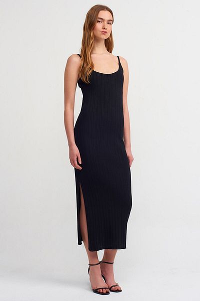 Dilvin 90139 Slit Strap Knitwear Dress-Black