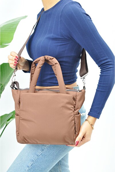 Sellini Kadın Kahverengi Kabartmalı Puf Kumaş El, Omuz Ve Çapraz Çanta 328