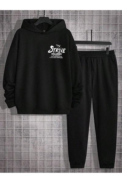 modaberry Strive Challanges Combination Bottom Top Σετ αθλητικής φόρμας - Μαύρη στάμπα Oversize Λαστιχένια κουκούλα